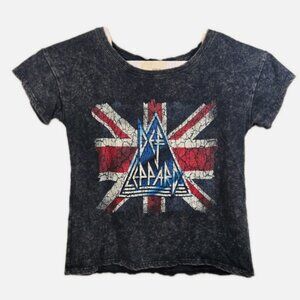 Def Leppard Women's Crop Shirt Size Small, Grey Acid Washed w/ Union Jack Top
